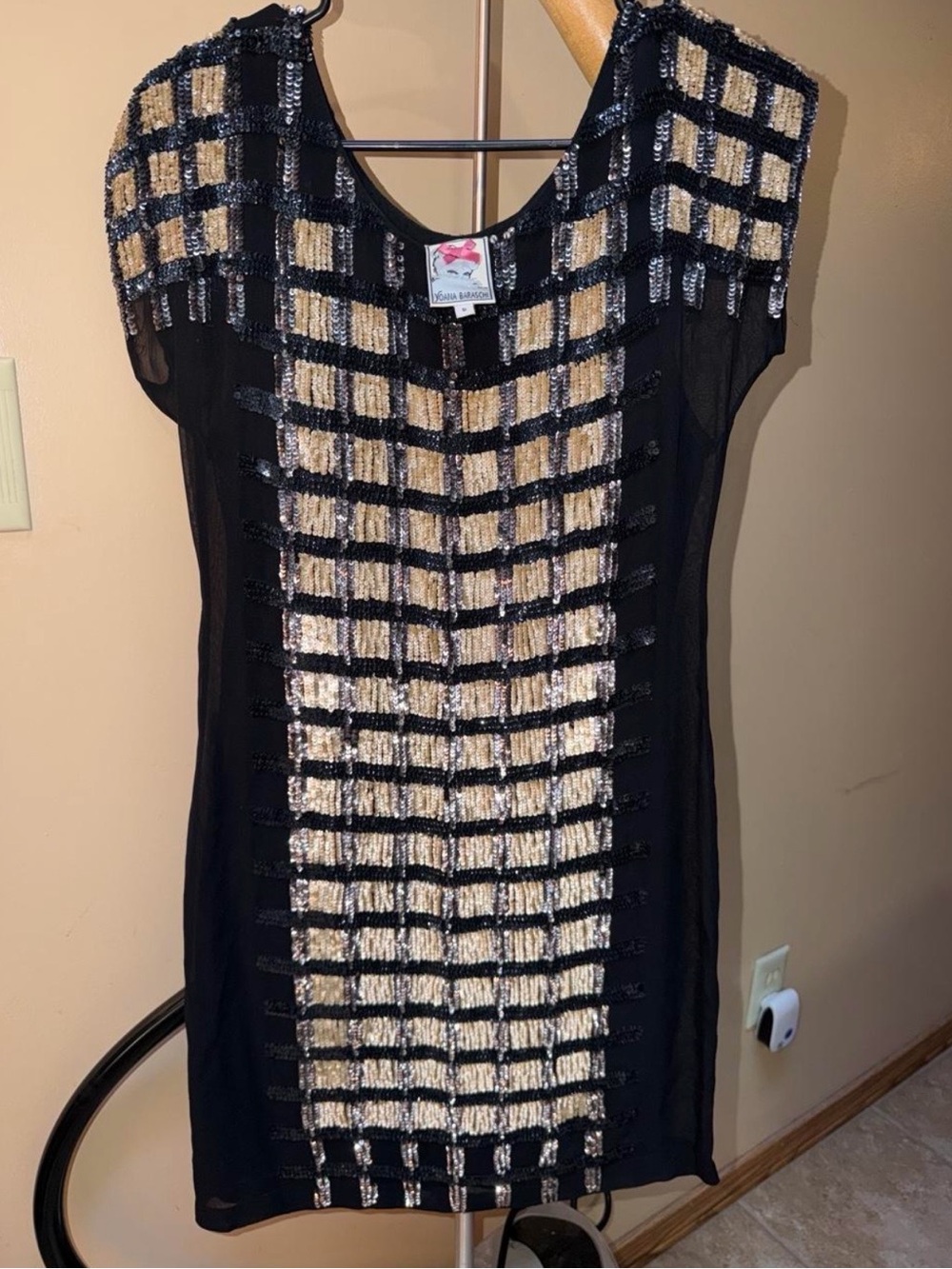 Yoana Baraschi Black Mini Dress with Gold Beaded Grid